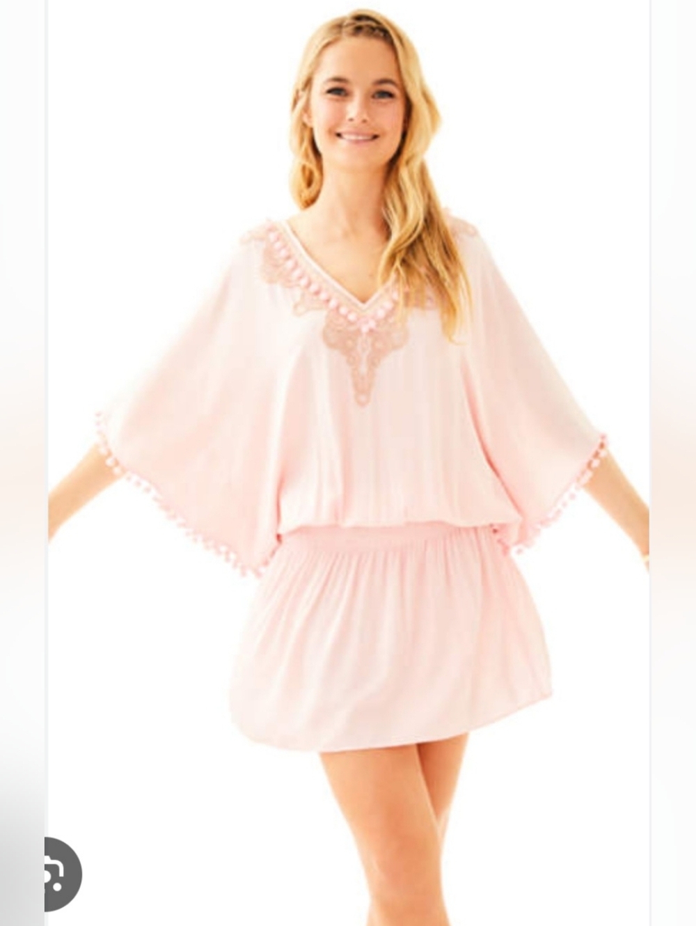 Lilly Pulitzer Pink Embellished Pom Pom Caftan Tunic Dress XL Smocked Waist